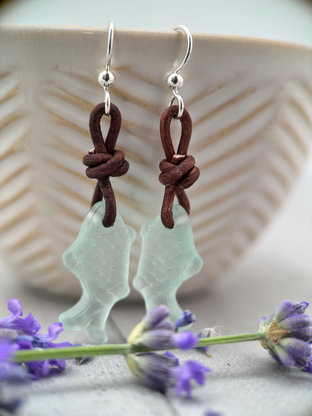 Fish Earrings - Cultured Recycled Faux "Sea Glass" - Rustic Brown Leather - Sterling Silver - Sea Foam Green - Tropical Beach Vibes - SunlightSilver