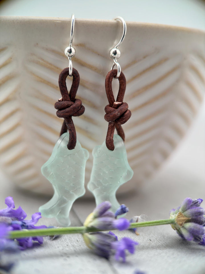 Fish Earrings - Cultured Recycled Faux "Sea Glass" - Rustic Brown Leather - Sterling Silver - Sea Foam Green - Tropical Beach Vibes - SunlightSilver