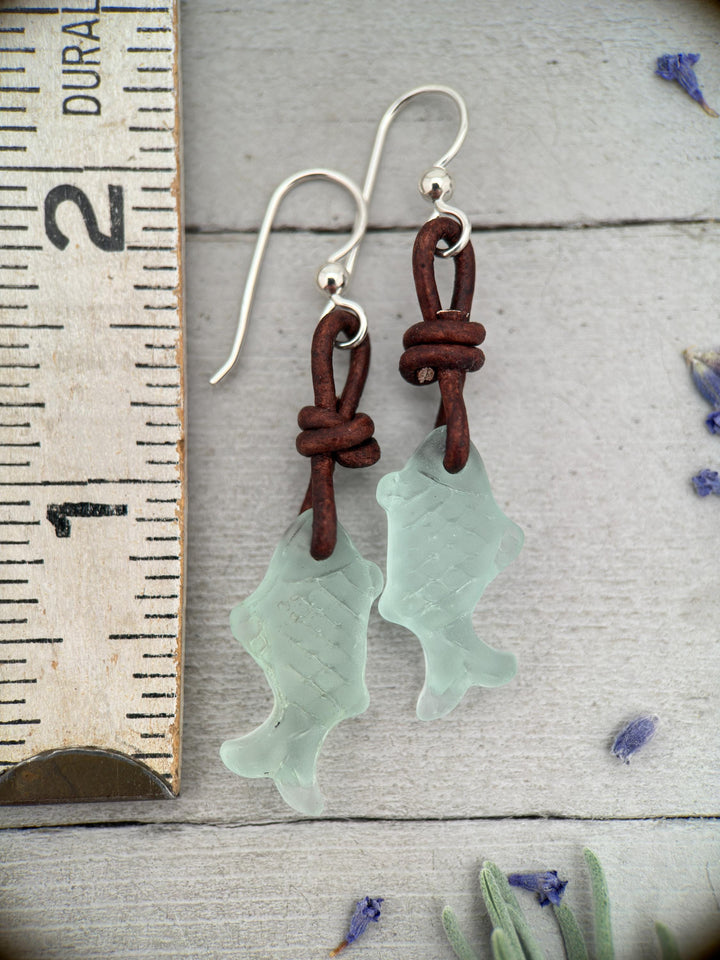 Fish Earrings - Cultured Recycled Faux "Sea Glass" - Rustic Brown Leather - Sterling Silver - Sea Foam Green - Tropical Beach Vibes - SunlightSilver