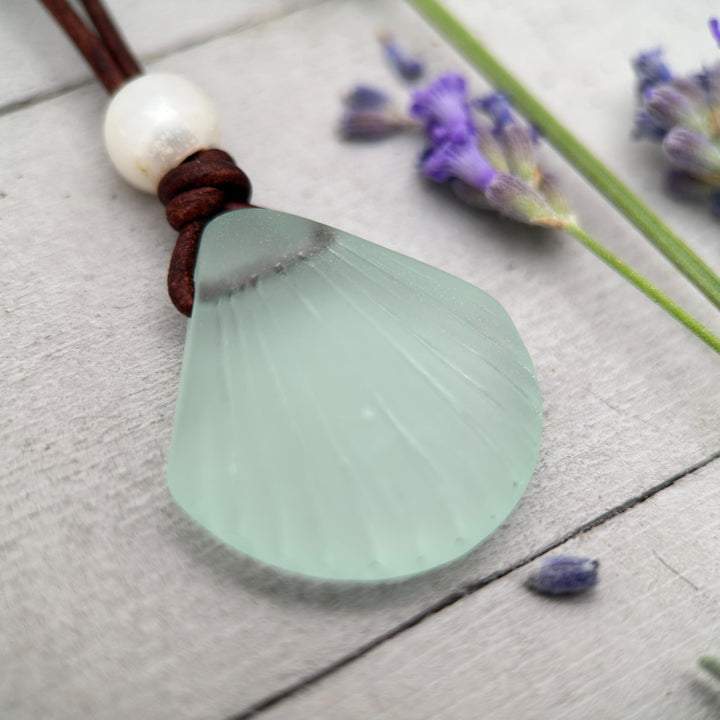 Sea Foam Green Glass Shell Necklace - Cultured Faux "Sea Glass" Seashell - Rustic Brown Leather - Tropical Island Beach Vibes - SunlightSilver