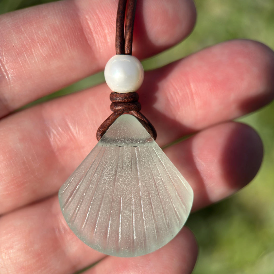Sea Foam Green Glass Shell Necklace - Cultured Faux "Sea Glass" Seashell - Rustic Brown Leather - Tropical Island Beach Vibes - SunlightSilver