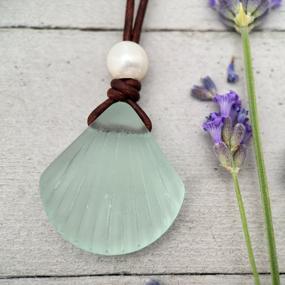 Sea Foam Green Glass Shell Necklace - Cultured Faux "Sea Glass" Seashell - Rustic Brown Leather - Tropical Island Beach Vibes - SunlightSilver