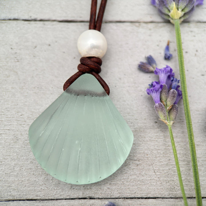 Sea Foam Green Glass Shell Necklace - Cultured Faux "Sea Glass" Seashell - Rustic Brown Leather - Tropical Island Beach Vibes - SunlightSilver