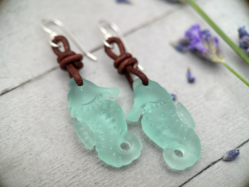 Seahorse Earrings - Cultured Recycled Faux "Sea Glass" - Rustic Brown Leather - Sterling Silver - Choose Your Color - Tropical Beach Vibes - SunlightSilver