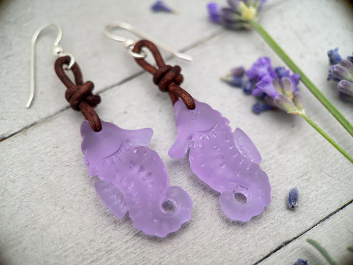 Seahorse Earrings - Cultured Recycled Faux "Sea Glass" - Rustic Brown Leather - Sterling Silver - Choose Your Color - Tropical Beach Vibes - SunlightSilver