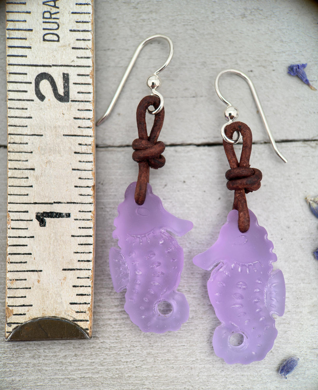 Seahorse Earrings - Cultured Recycled Faux "Sea Glass" - Rustic Brown Leather - Sterling Silver - Choose Your Color - Tropical Beach Vibes - SunlightSilver