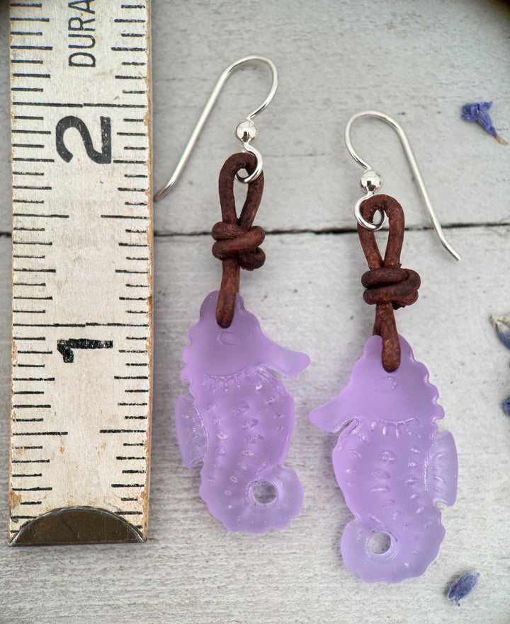 Seahorse Earrings - Cultured Recycled Faux "Sea Glass" - Rustic Brown Leather - Sterling Silver - Choose Your Color - Tropical Beach Vibes - SunlightSilver