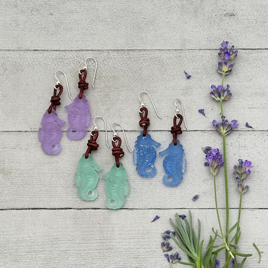 Seahorse Earrings - Cultured Recycled Faux "Sea Glass" - Rustic Brown Leather - Sterling Silver - Choose Your Color - Tropical Beach Vibes - SunlightSilver