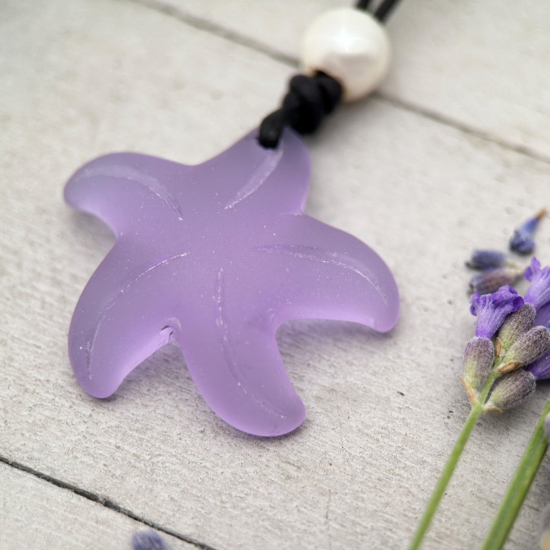 Starfish Pendant Necklace - Cultured Faux "Sea Glass" - Leather - Your Choice of Color - Tropical Island Beach Vibes - SunlightSilver