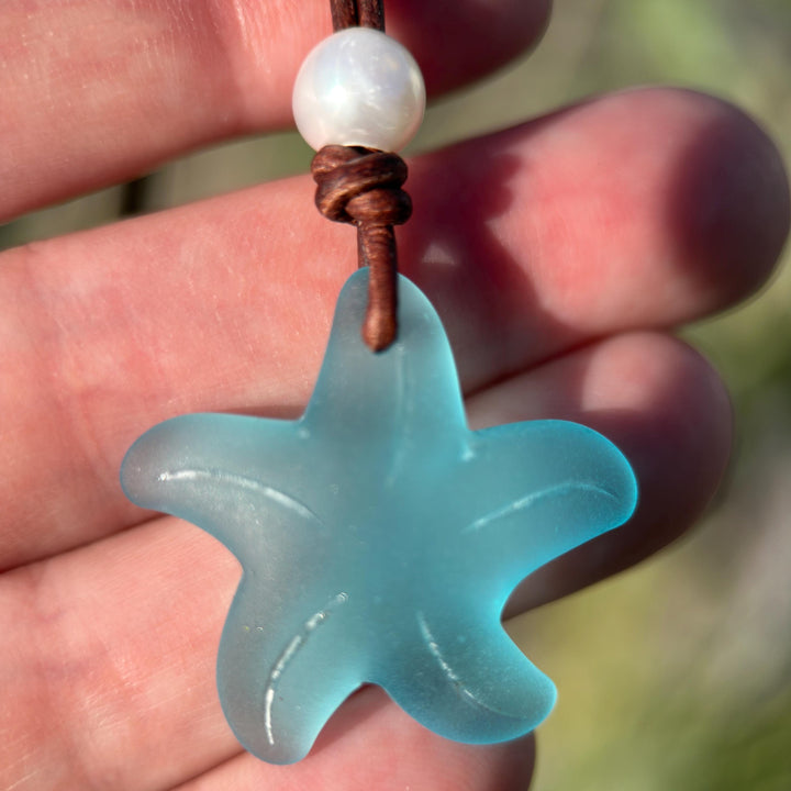 Starfish Pendant Necklace - Cultured Faux "Sea Glass" - Leather - Your Choice of Color - Tropical Island Beach Vibes - SunlightSilver