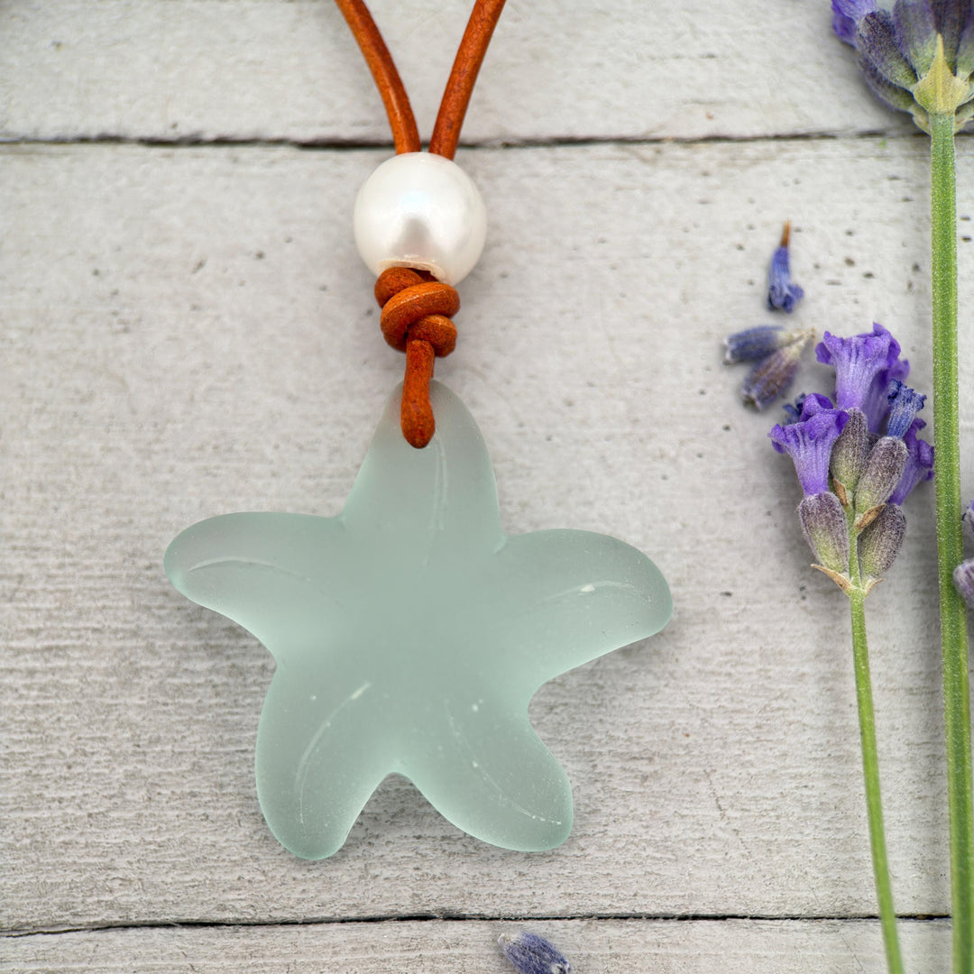 Starfish Pendant Necklace - Cultured Faux "Sea Glass" - Leather - Your Choice of Color - Tropical Island Beach Vibes - SunlightSilver