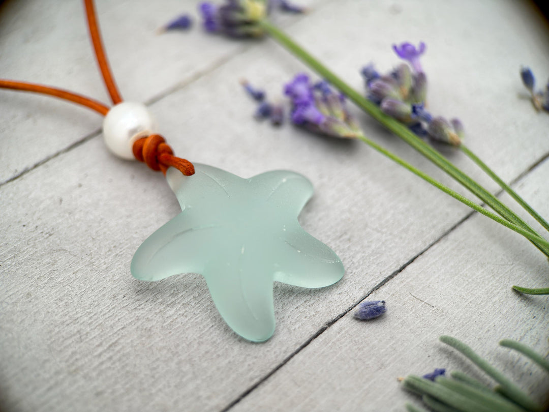 Starfish Pendant Necklace - Cultured Faux "Sea Glass" - Leather - Your Choice of Color - Tropical Island Beach Vibes - SunlightSilver