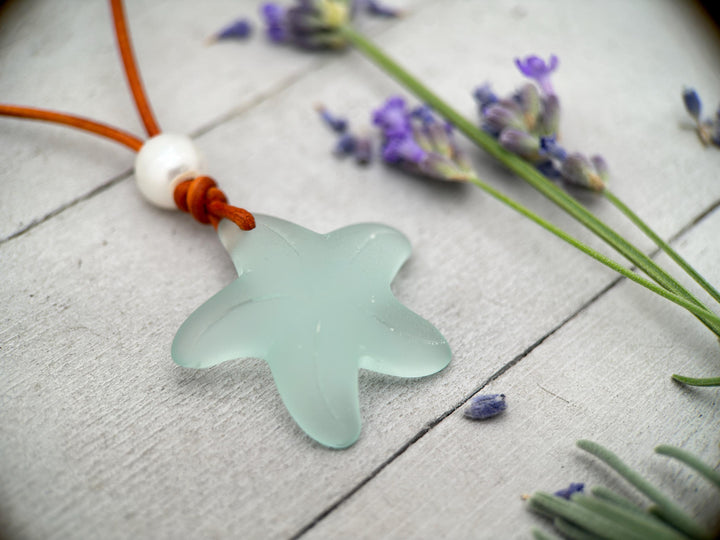 Starfish Pendant Necklace - Cultured Faux "Sea Glass" - Leather - Your Choice of Color - Tropical Island Beach Vibes - SunlightSilver