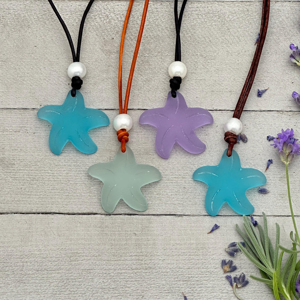 Starfish Pendant Necklace - Cultured Faux "Sea Glass" - Leather - Your Choice of Color - Tropical Island Beach Vibes - SunlightSilver