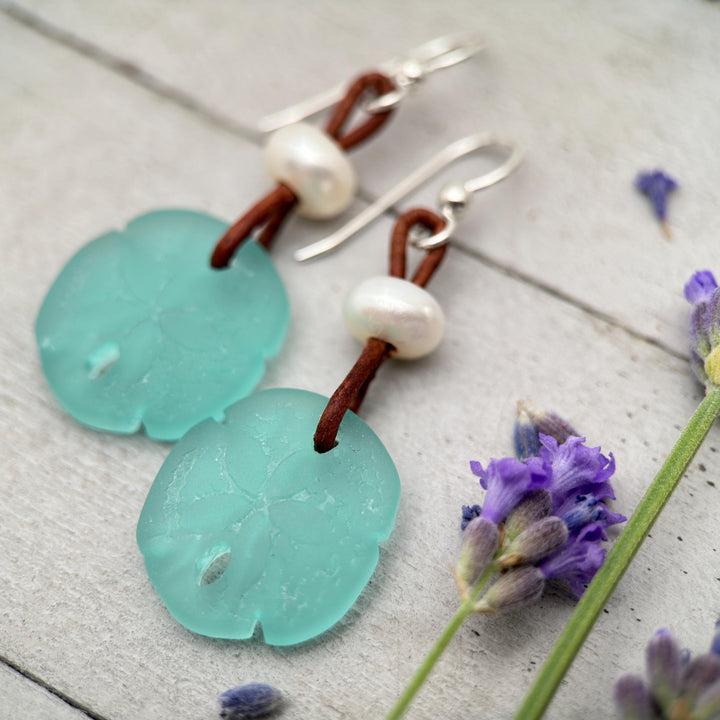 Sand Dollar Earrings - Cultured Recycled Faux "Sea Glass" - Rustic Brown Leather - Sterling Silver - Aqua Blue Green - Tropical Beach Vibes - SunlightSilver
