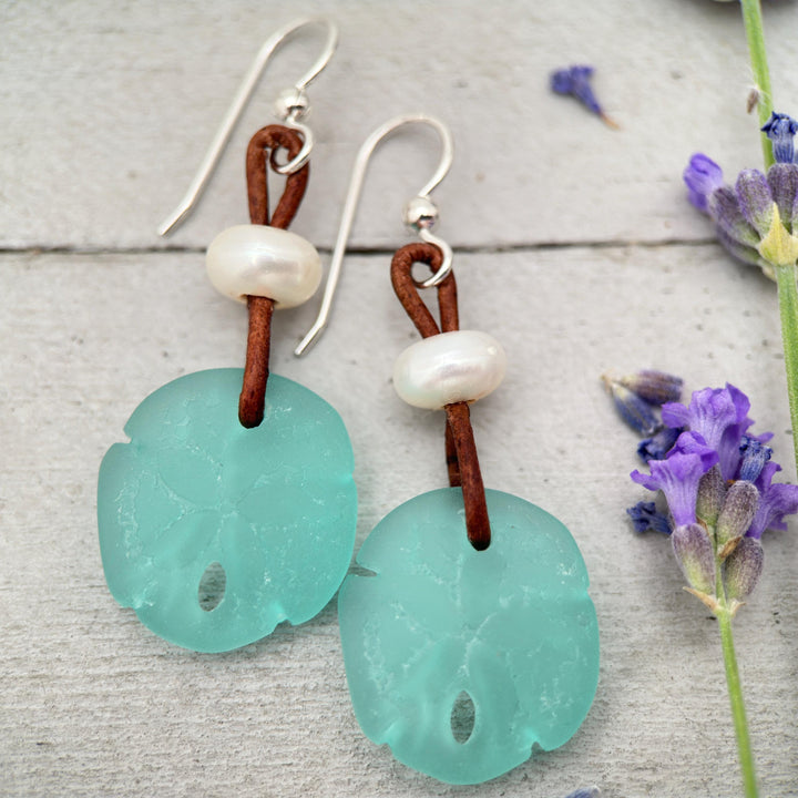 Sand Dollar Earrings - Cultured Recycled Faux "Sea Glass" - Rustic Brown Leather - Sterling Silver - Aqua Blue Green - Tropical Beach Vibes - SunlightSilver