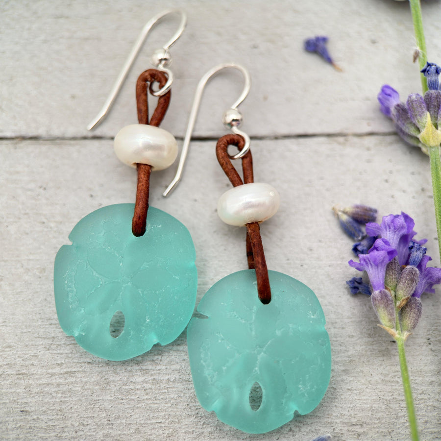 Sand Dollar Earrings - Cultured Recycled Faux "Sea Glass" - Rustic Brown Leather - Sterling Silver - Aqua Blue Green - Tropical Beach Vibes - SunlightSilver