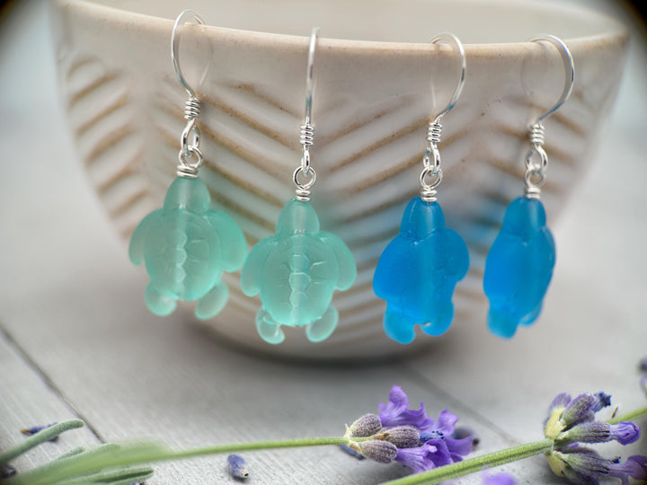Sea Turtle Earrings - Cultured Recycled Faux "Sea Glass" Tortuga - Solid 925 Sterling Silver - Choose Your Color - Tropical Beach Vibes - SunlightSilver