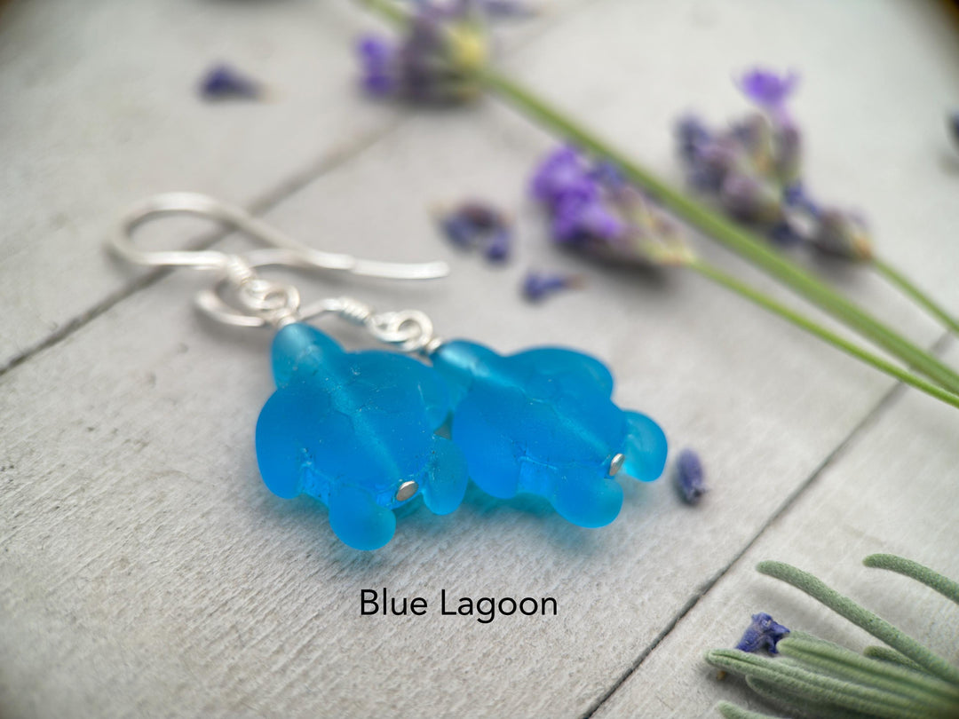 Sea Turtle Earrings - Cultured Recycled Faux "Sea Glass" Tortuga - Solid 925 Sterling Silver - Choose Your Color - Tropical Beach Vibes - SunlightSilver