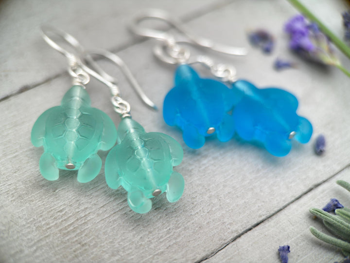 Sea Turtle Earrings - Cultured Recycled Faux "Sea Glass" Tortuga - Solid 925 Sterling Silver - Choose Your Color - Tropical Beach Vibes - SunlightSilver