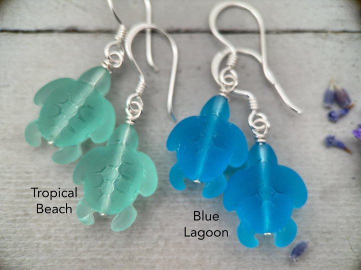 Sea Turtle Earrings - Cultured Recycled Faux "Sea Glass" Tortuga - Solid 925 Sterling Silver - Choose Your Color - Tropical Beach Vibes - SunlightSilver