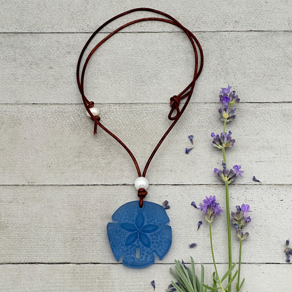 Sand Dollar Pendant Necklace - Cultured Faux "Sea Glass" - Leather - Your Choice of Color - Tropical Island Beach Vibes - Mermaid Coin - SunlightSilver