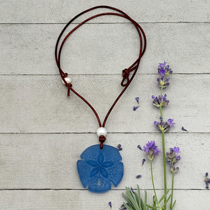 Sand Dollar Pendant Necklace - Cultured Faux "Sea Glass" - Leather - Your Choice of Color - Tropical Island Beach Vibes - Mermaid Coin - SunlightSilver