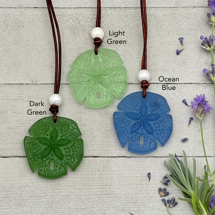 Sand Dollar Pendant Necklace - Cultured Faux "Sea Glass" - Leather - Your Choice of Color - Tropical Island Beach Vibes - Mermaid Coin - SunlightSilver