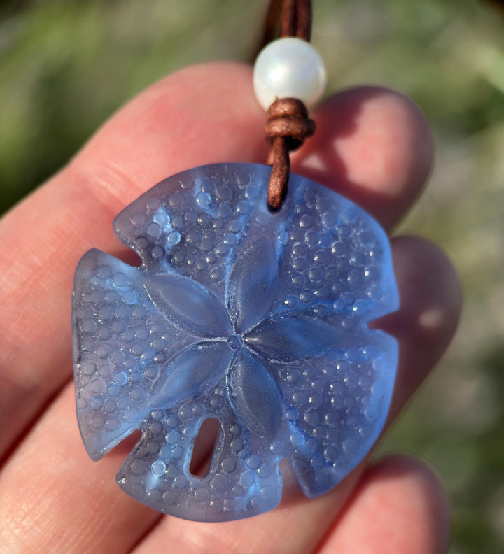 Sand Dollar Pendant Necklace - Cultured Faux "Sea Glass" - Leather - Your Choice of Color - Tropical Island Beach Vibes - Mermaid Coin - SunlightSilver
