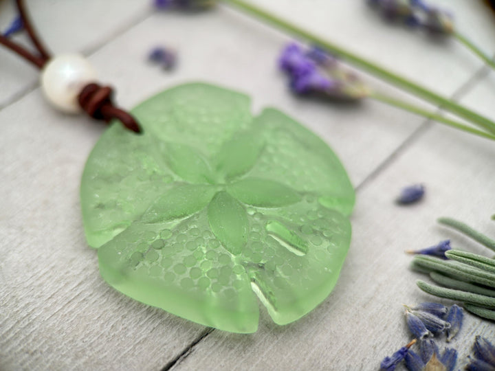 Sand Dollar Pendant Necklace - Cultured Faux "Sea Glass" - Leather - Your Choice of Color - Tropical Island Beach Vibes - Mermaid Coin - SunlightSilver