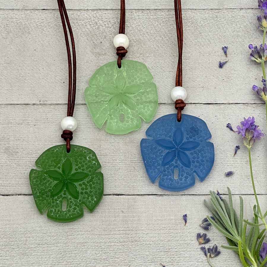 Sand Dollar Pendant Necklace - Cultured Faux "Sea Glass" - Leather - Your Choice of Color - Tropical Island Beach Vibes - Mermaid Coin - SunlightSilver