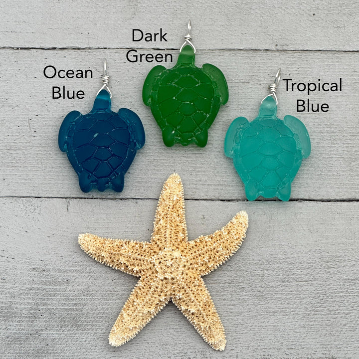 Sea Turtle Pendant - Cultured Faux Recycled "Sea Glass" Tortuga - Solid Sterling Silver - Choose your Color - Tropical Island Beach Vibes - SunlightSilver