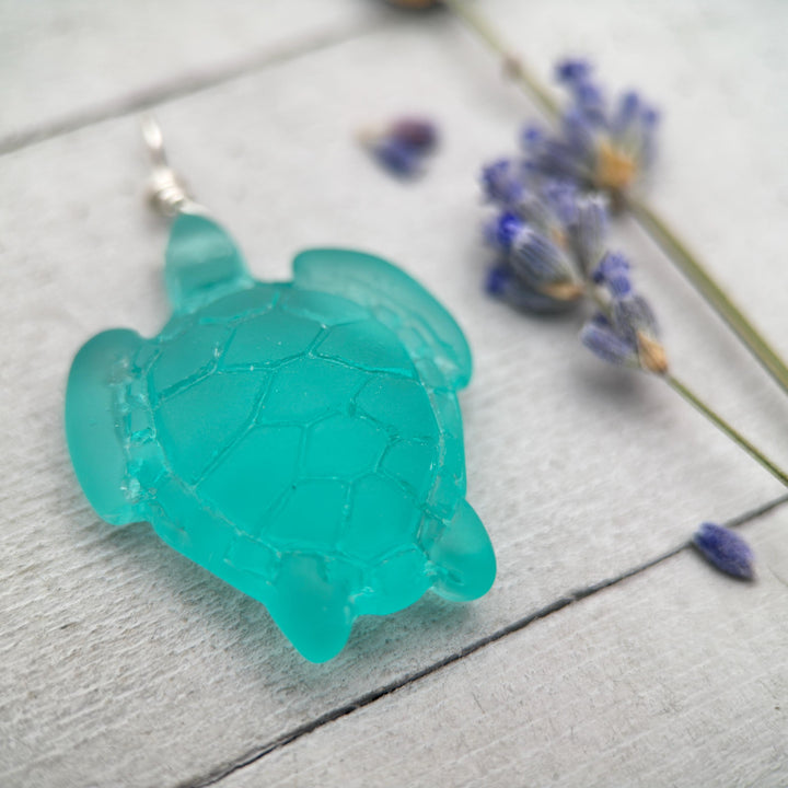 Sea Turtle Pendant - Cultured Faux Recycled "Sea Glass" Tortuga - Solid Sterling Silver - Choose your Color - Tropical Island Beach Vibes - SunlightSilver