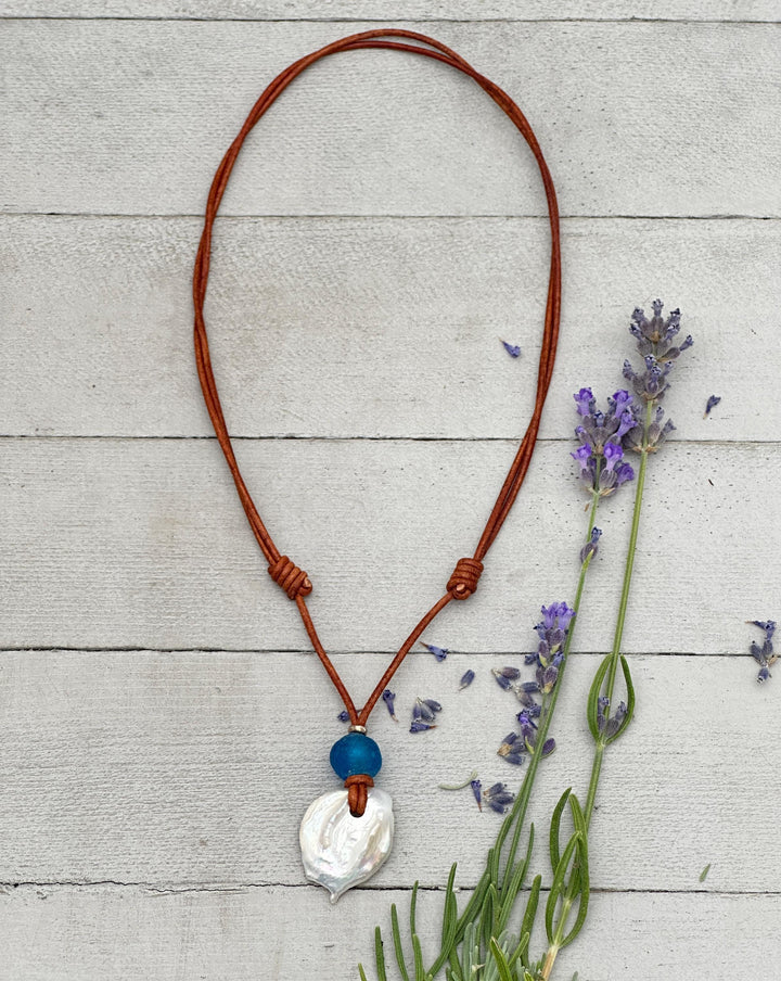 Freshwater Pearl Adjustable Leather Necklace with Sterling Silver and African Recycled Blue Glass - SunlightSilver