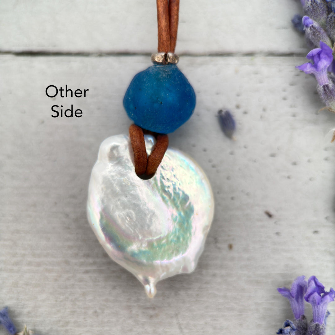 Freshwater Pearl Adjustable Leather Necklace with Sterling Silver and African Recycled Blue Glass - SunlightSilver