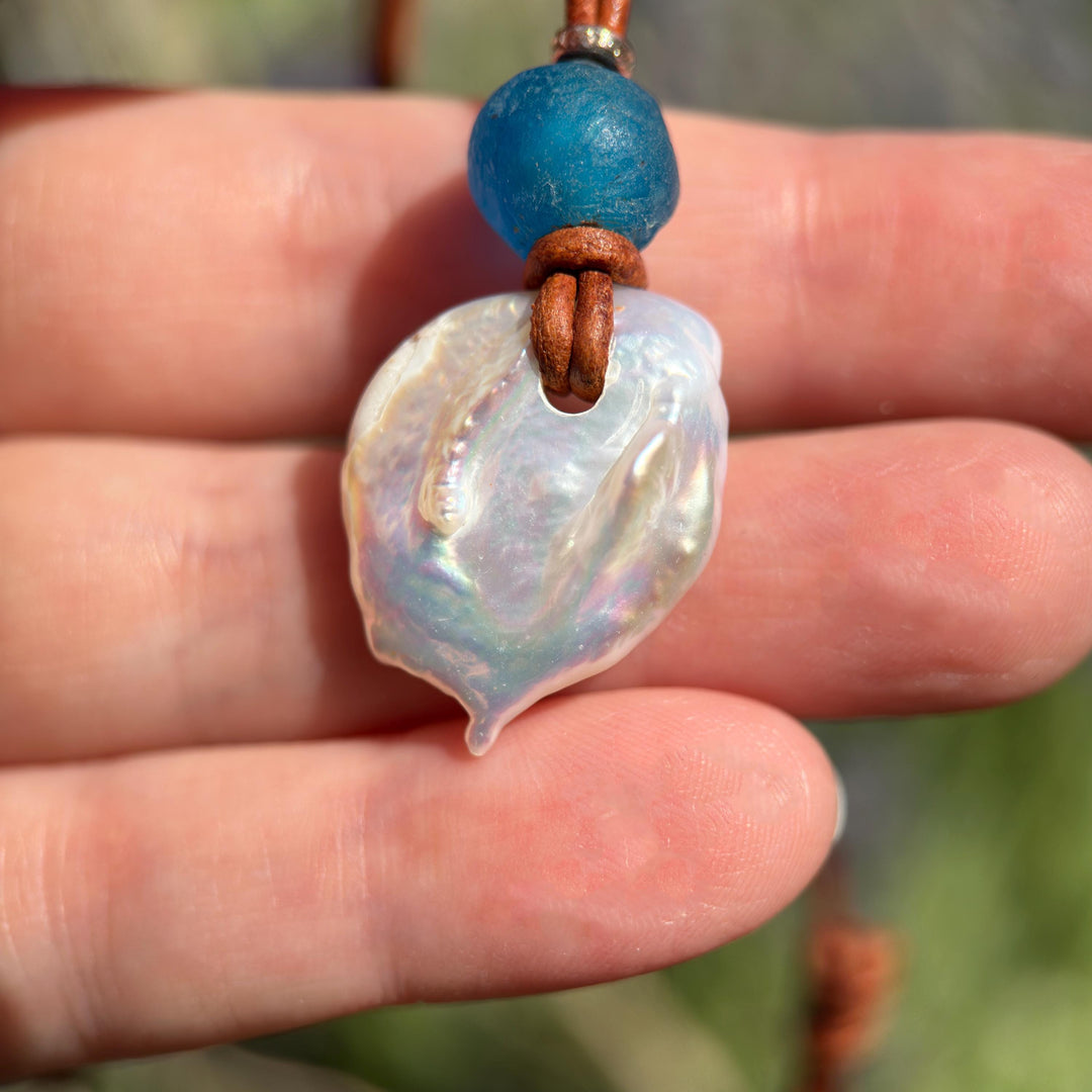 Freshwater Pearl Adjustable Leather Necklace with Sterling Silver and African Recycled Blue Glass - SunlightSilver