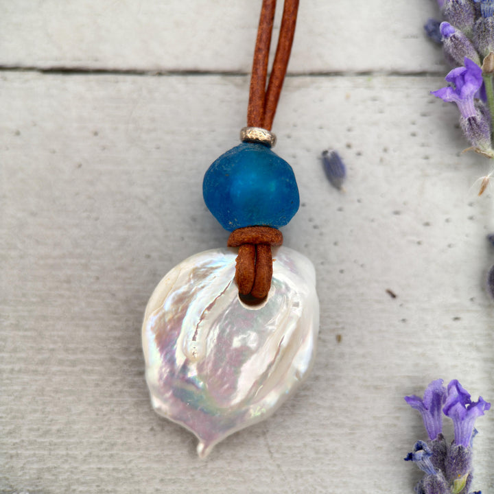 Freshwater Pearl Adjustable Leather Necklace with Sterling Silver and African Recycled Blue Glass - SunlightSilver