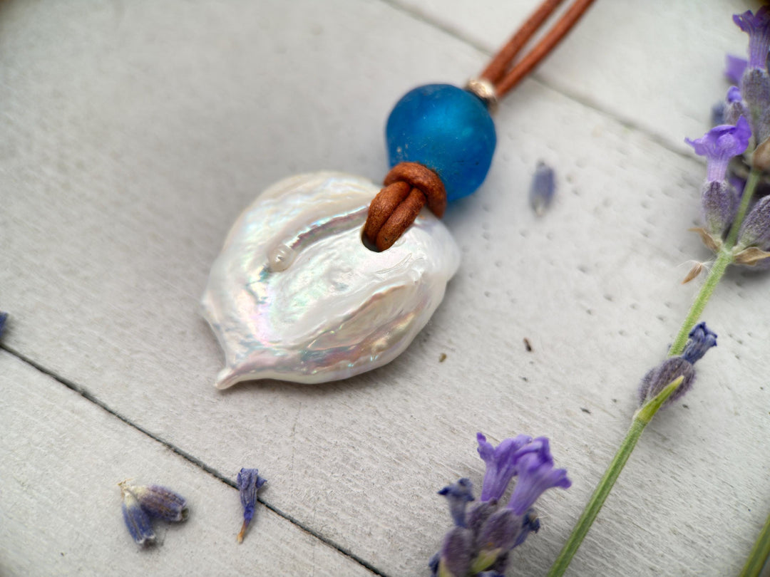 Freshwater Pearl Adjustable Leather Necklace with Sterling Silver and African Recycled Blue Glass - SunlightSilver