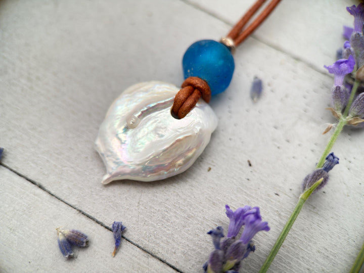 Freshwater Pearl Adjustable Leather Necklace with Sterling Silver and African Recycled Blue Glass - SunlightSilver