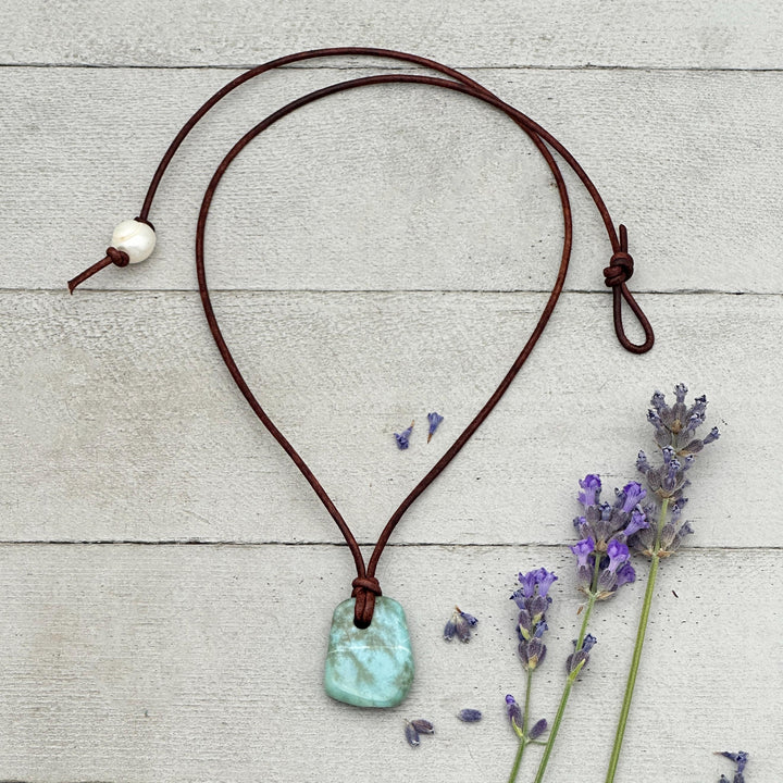 Larimar Crystal and Rustic Brown Leather Necklace - SunlightSilver