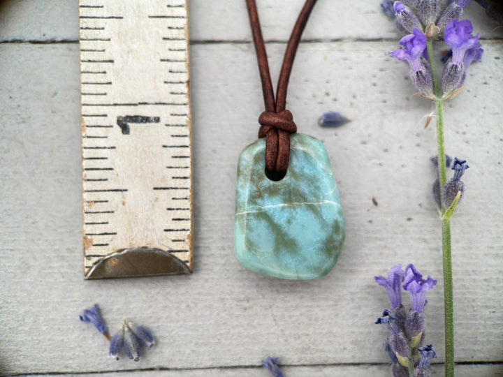 Larimar Crystal and Rustic Brown Leather Necklace - SunlightSilver