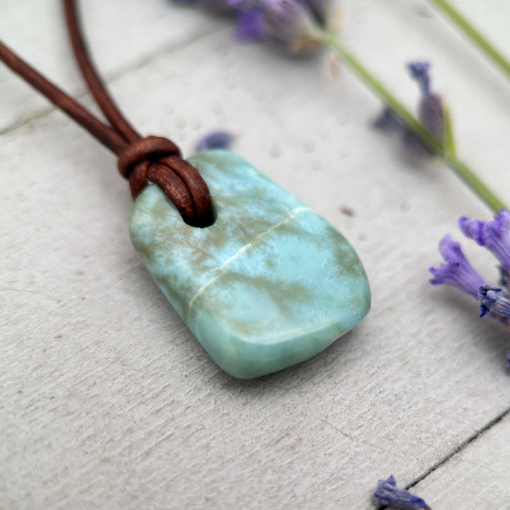 Larimar Crystal and Rustic Brown Leather Necklace - SunlightSilver