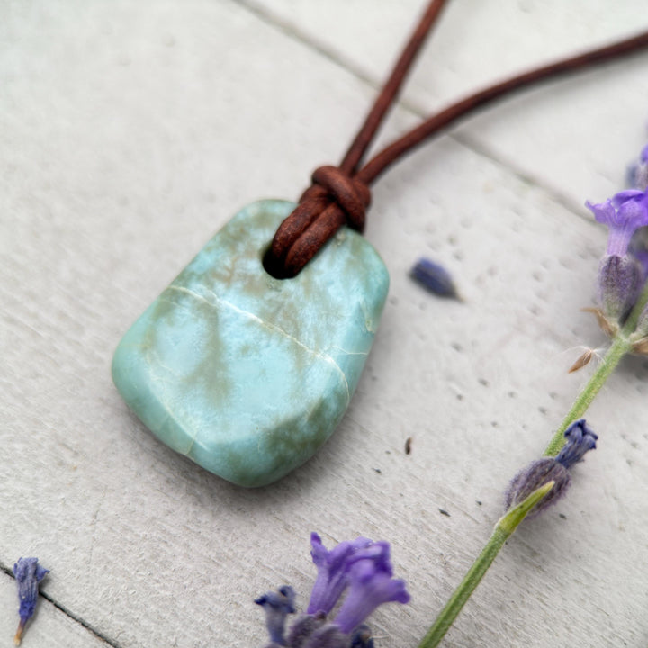 Larimar Crystal and Rustic Brown Leather Necklace - SunlightSilver