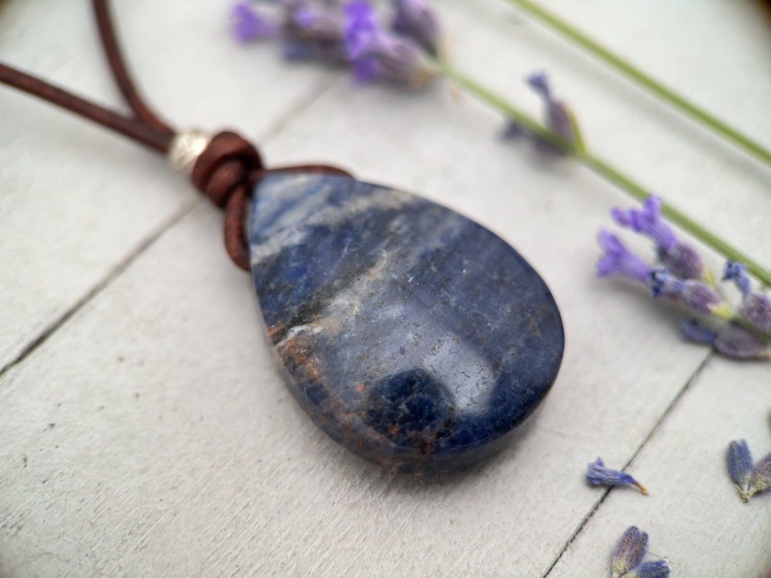 Sodalite Pendant Leather Necklace - Dark Navy Blue Healing Crystal - Rustic Brown Leather - Solid 925 Sterling Silver - SunlightSilver