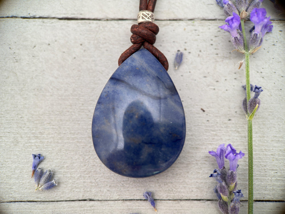 Sodalite Pendant Leather Necklace - Dark Navy Blue Healing Crystal - Rustic Brown Leather - Solid 925 Sterling Silver - SunlightSilver