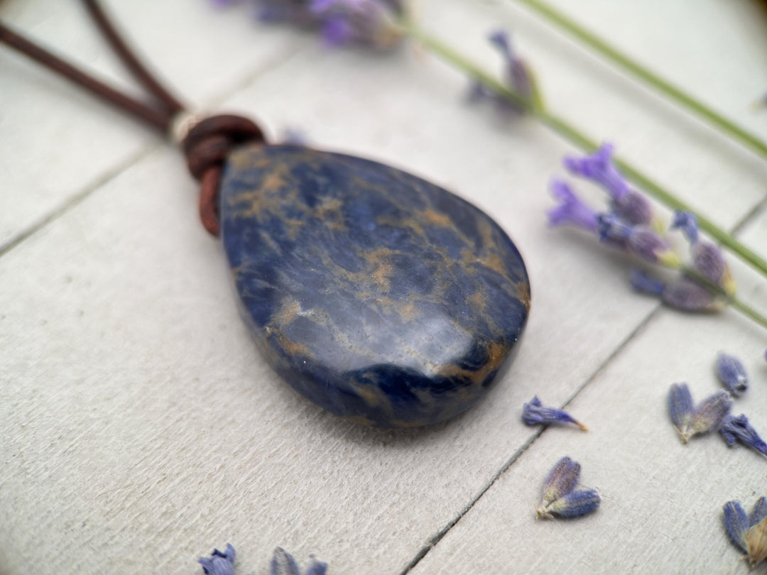Sodalite Pendant Leather Necklace - Dark Navy Blue Healing Crystal - Rustic Brown Leather - Solid 925 Sterling Silver - SunlightSilver