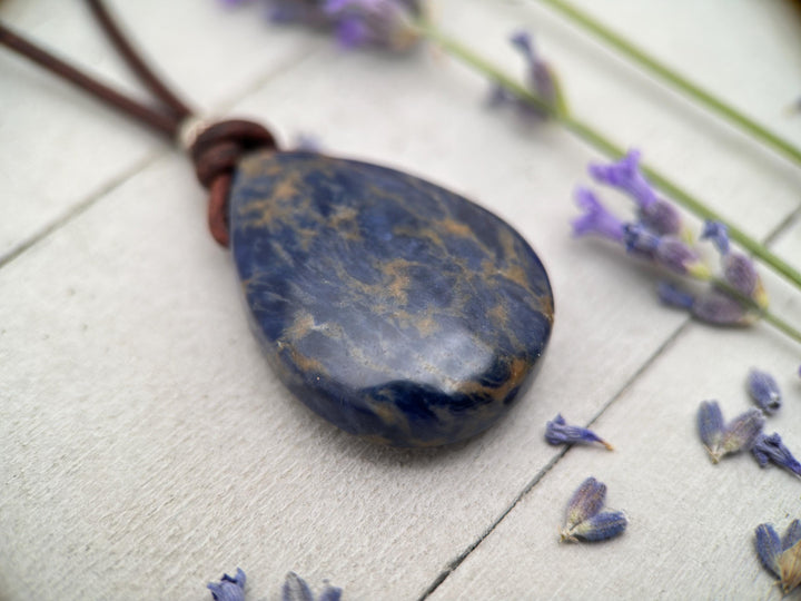 Sodalite Pendant Leather Necklace - Dark Navy Blue Healing Crystal - Rustic Brown Leather - Solid 925 Sterling Silver - SunlightSilver
