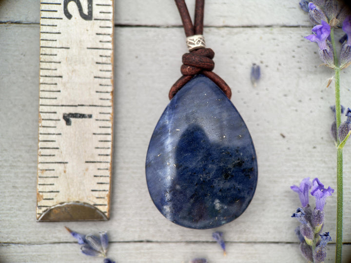 Sodalite Pendant Leather Necklace - Dark Navy Blue Healing Crystal - Rustic Brown Leather - Solid 925 Sterling Silver - SunlightSilver