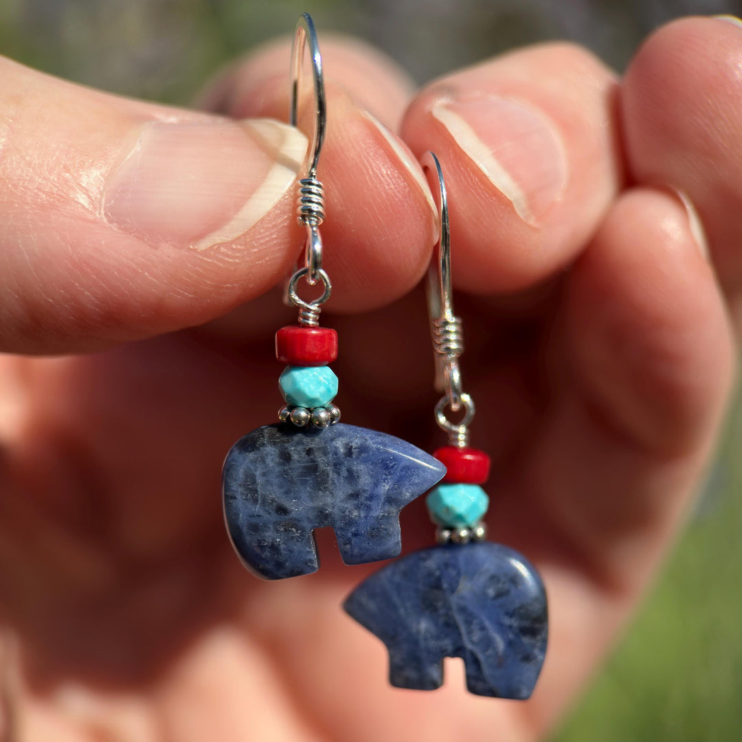 Zuni Bear Sodalite Earrings - Red Coral and Blue Turquoise Accents - Native American Fetish - Solid 925 Sterling Silver - Limited Edition - SunlightSilver