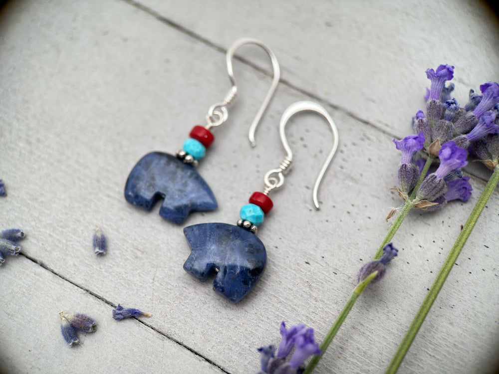 Zuni Bear Sodalite Earrings - Red Coral and Blue Turquoise Accents - Native American Fetish - Solid 925 Sterling Silver - Limited Edition - SunlightSilver